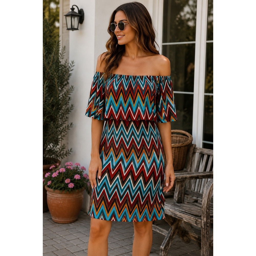 Vee Womens Chevron Zigzag Off Shoulder Popover Mini Dress Multicolor Size S